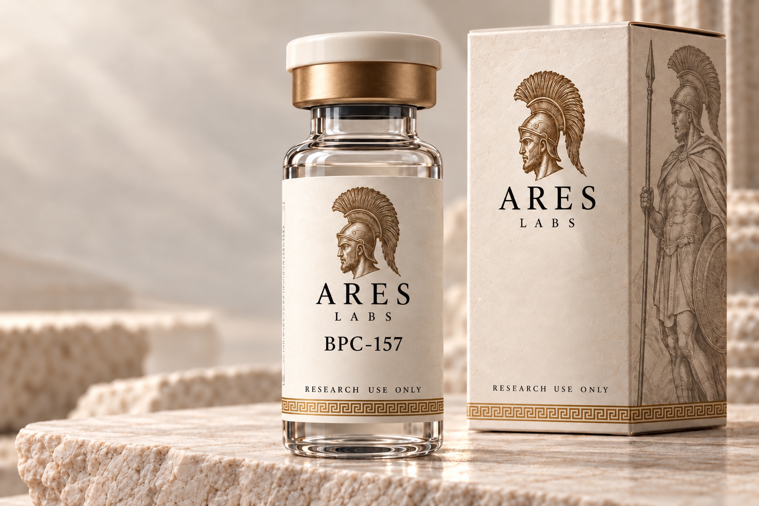 Ares Labs concept vial and box on a marble pedestal